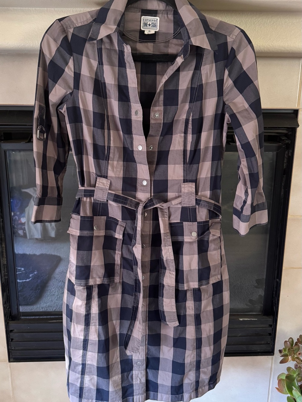 Converse Black and Beige Plaid Mini Shirt Dress with Tie Waist